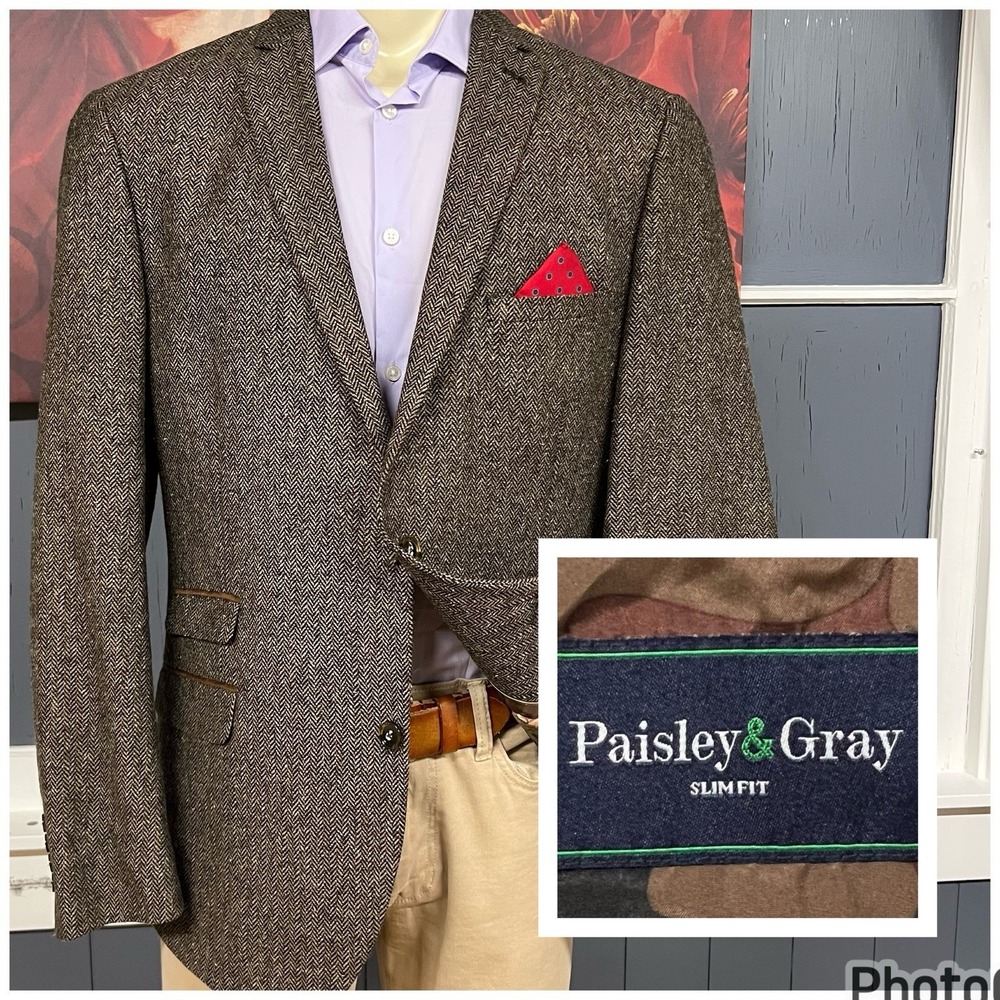 Paisley & Gray Tweed Blazer Jacket Men 46R Slim Fit Wool Blend Herringbone Brown